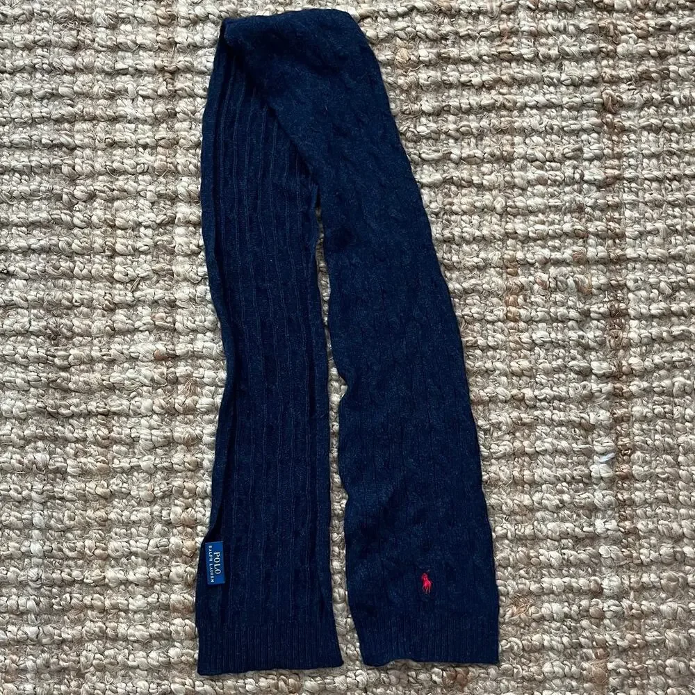 Polo Ralph Lauren Navy Cable Knit Scarf Red Pony Wool Blend 60